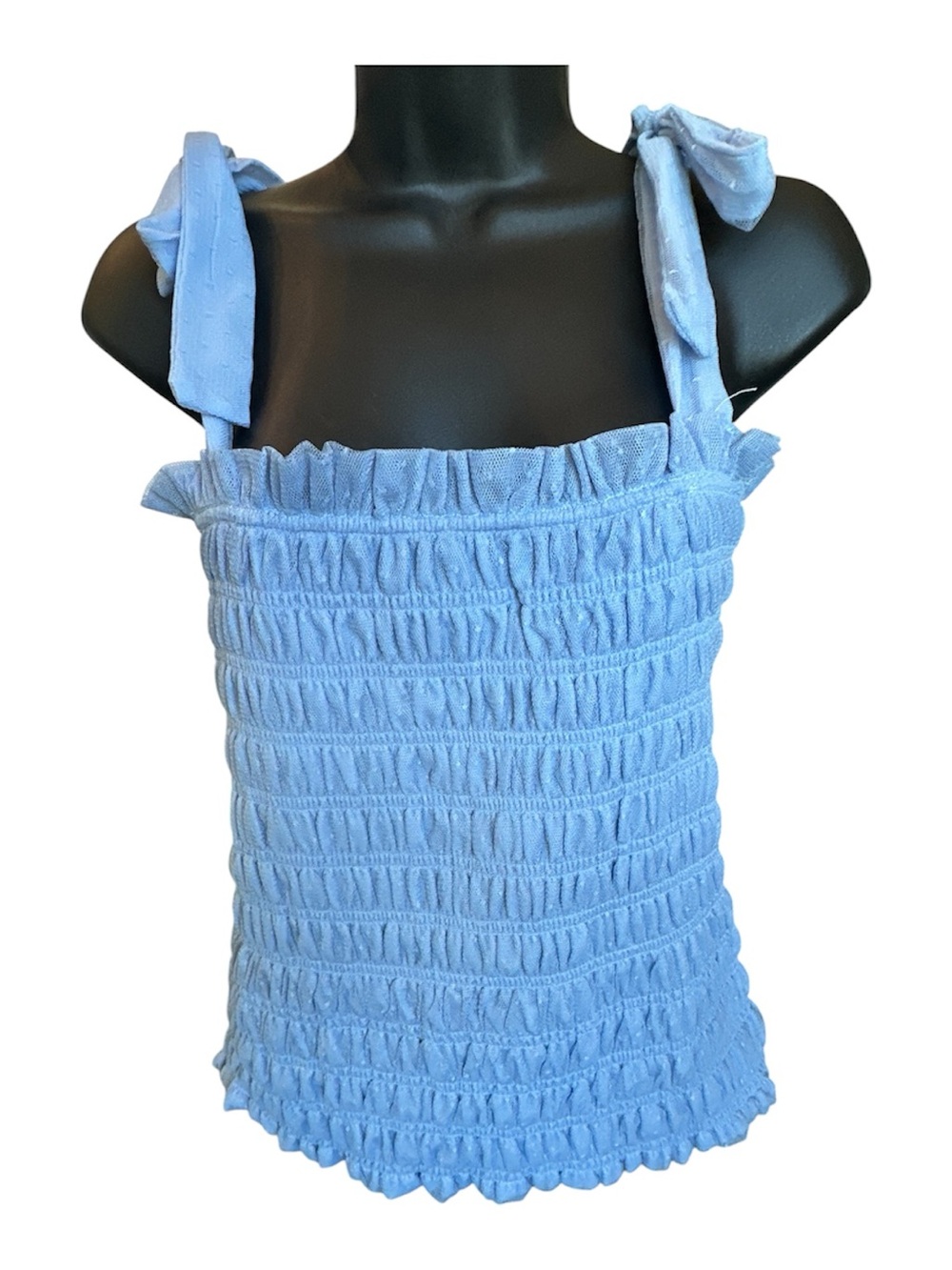 Women’s Anthropologie blue smocked mesh tank, tie strap shoulder size Medium